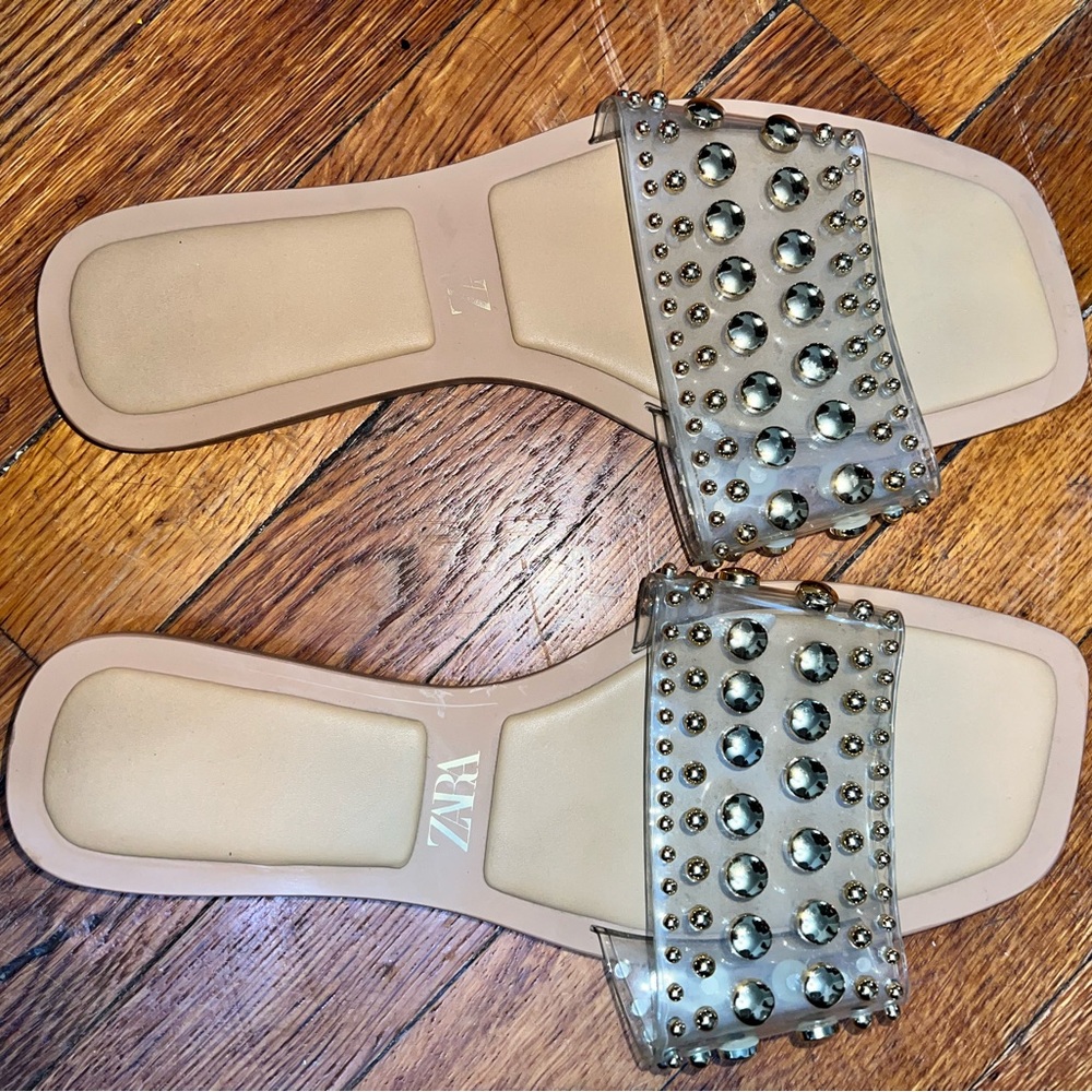 Zara Tan Studded Slide Sandals